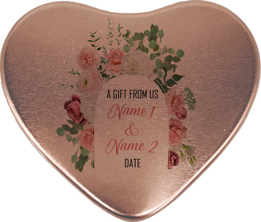 Heart Tins - Deep pink roses, pale pink carnations and white peony's with eucalyptus