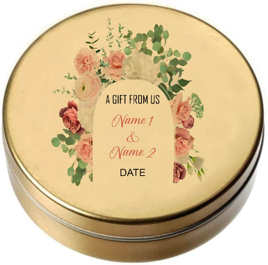 Round Tins - Deep pink roses, pale pink carnations and white peony's with eucalyptus